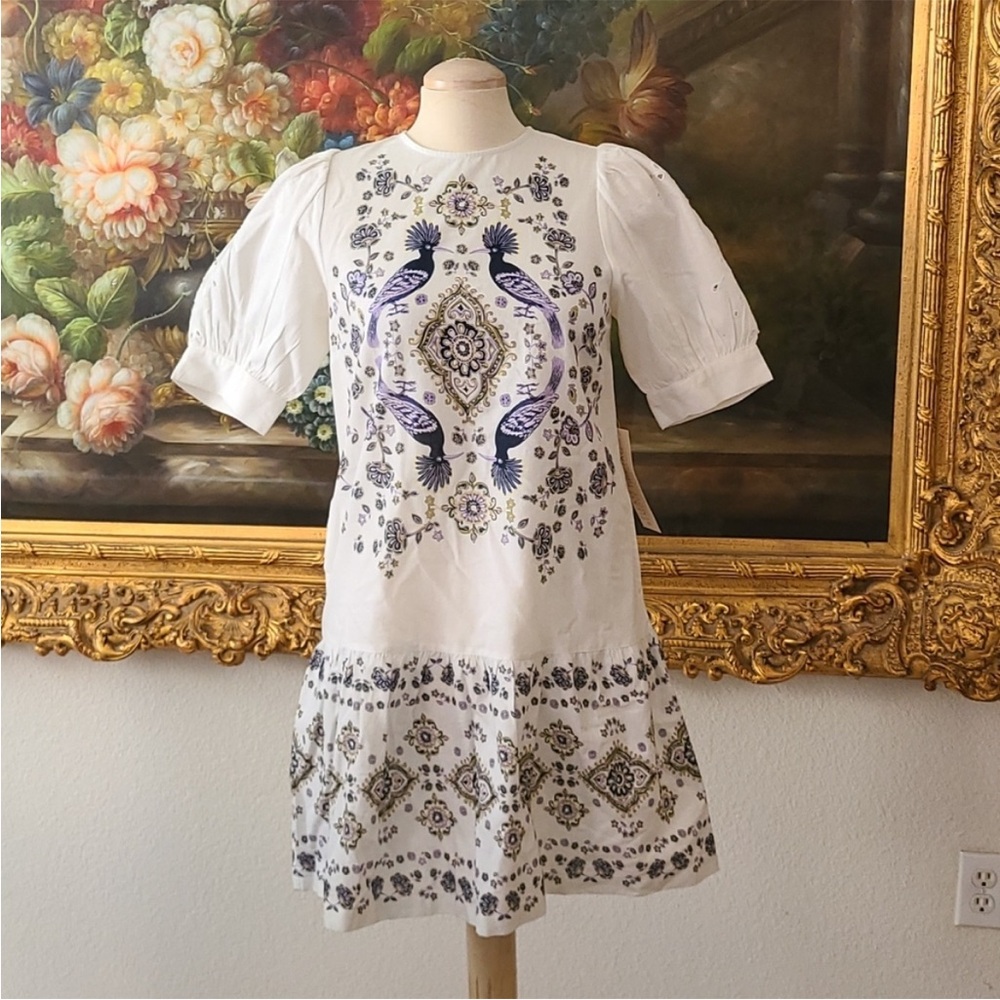 Nwt  Happy X Nature dress white linen birds of Paradise
